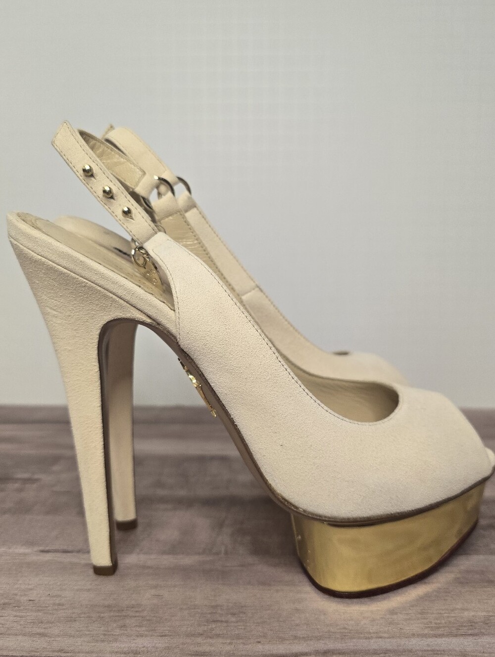 Charlotte Olympia Pale Nude Bon Bon Leather Platform Slingback Pumps